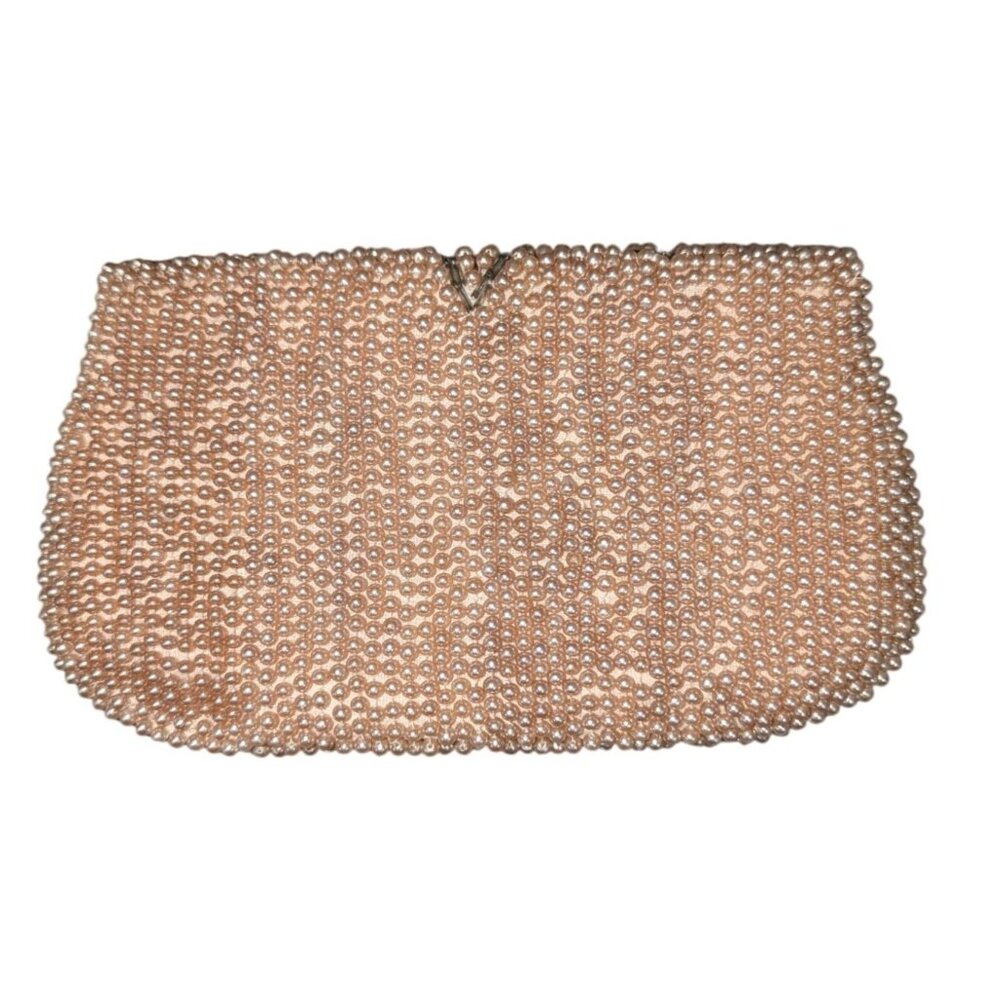 Vintage Pearl Beaded Clutch Floral Design made in Japan 4x7 Inches - Picture 2 of 11